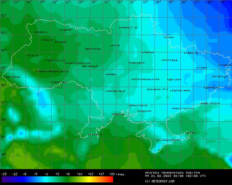 Мапа температури повітря в Україні в середу сьогодні, 21 лютого