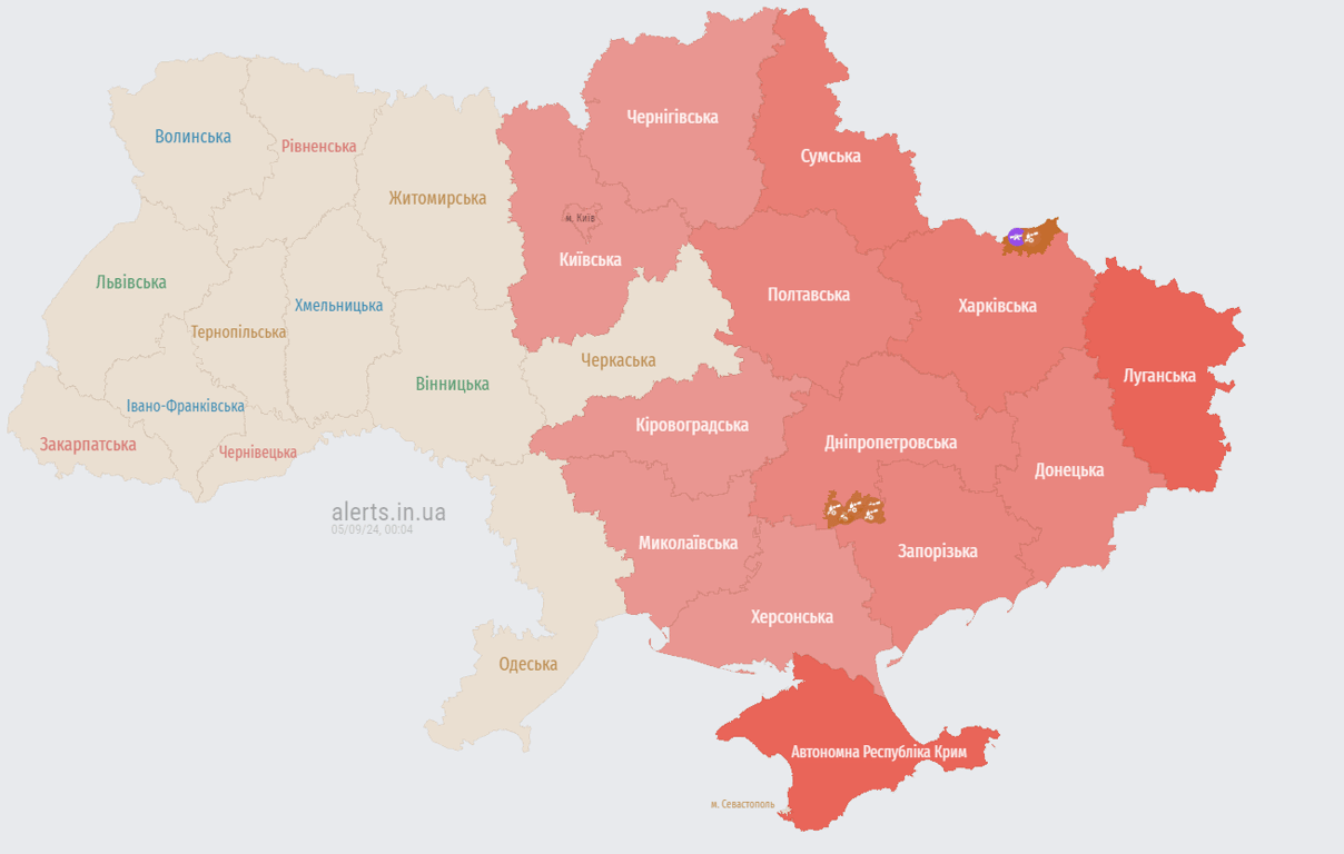 Карта повітряних тривог. Фото: alerts.in.ua