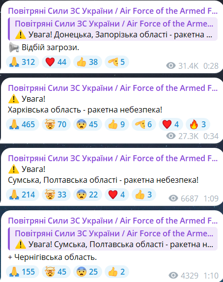 Скриншот повідомлення з телеграм-каналу "Повітряні сили ЗС України"