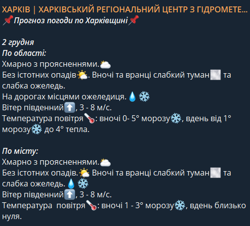 Прогноз погоды на 2 декабря в Харькове.