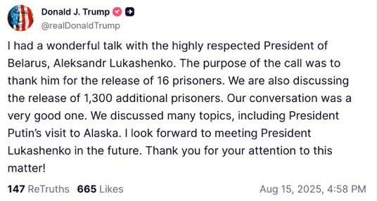 Трамп і Лукашенко провели розмову 15 серпня