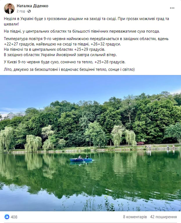 Прогноз погоди в Україні від Наталки Діденко на 9 червня