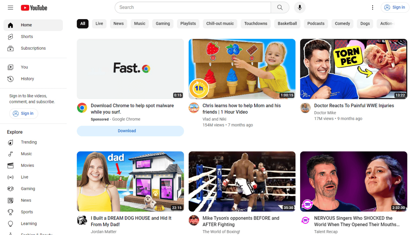 Главная страница YouTube в 2025 году
