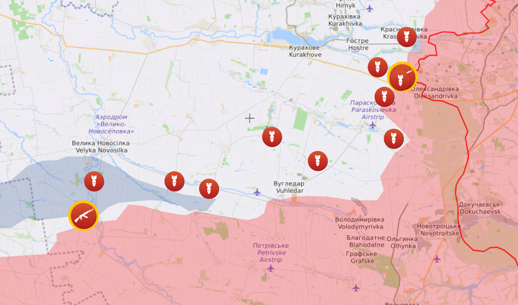 Карта боевых действий на Марьинском и Бердянском направлениях от Liveuamap