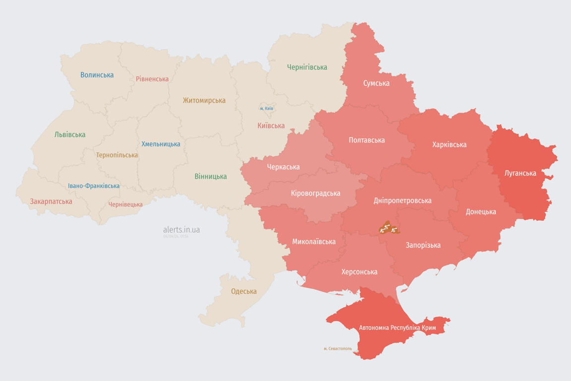 Мапа повітряної тривоги в Україні сьогодні, 6 квітня
