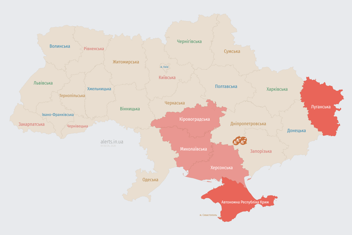 Мапа повітряних тривог в Україні сьогодні, 1 лютого