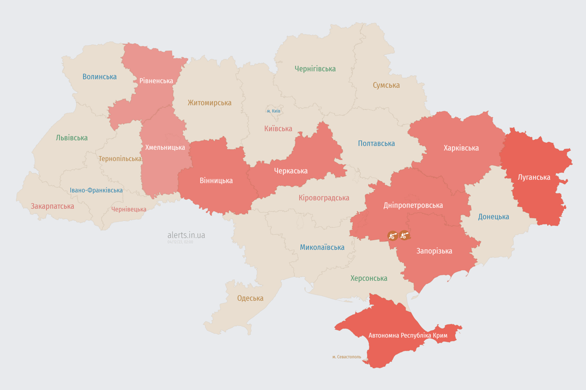 Карта воздушных тревога в Украине сегодня, 4 декабря