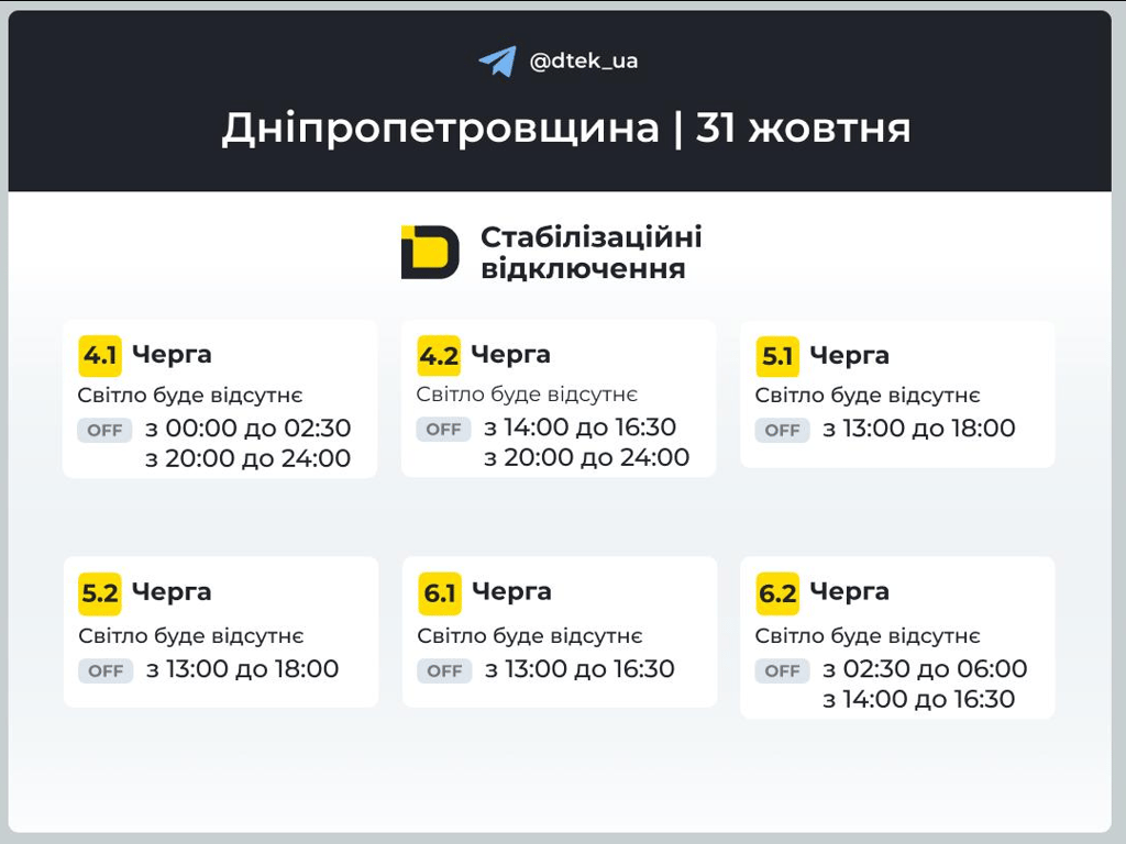Нема світла у Дніпропетровській області