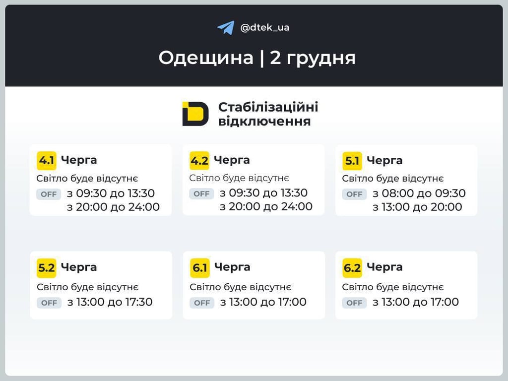 Графіки відключень світла в Одесі 2 грудня