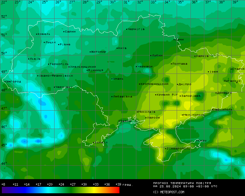 Карта температур в Украине 25 августа