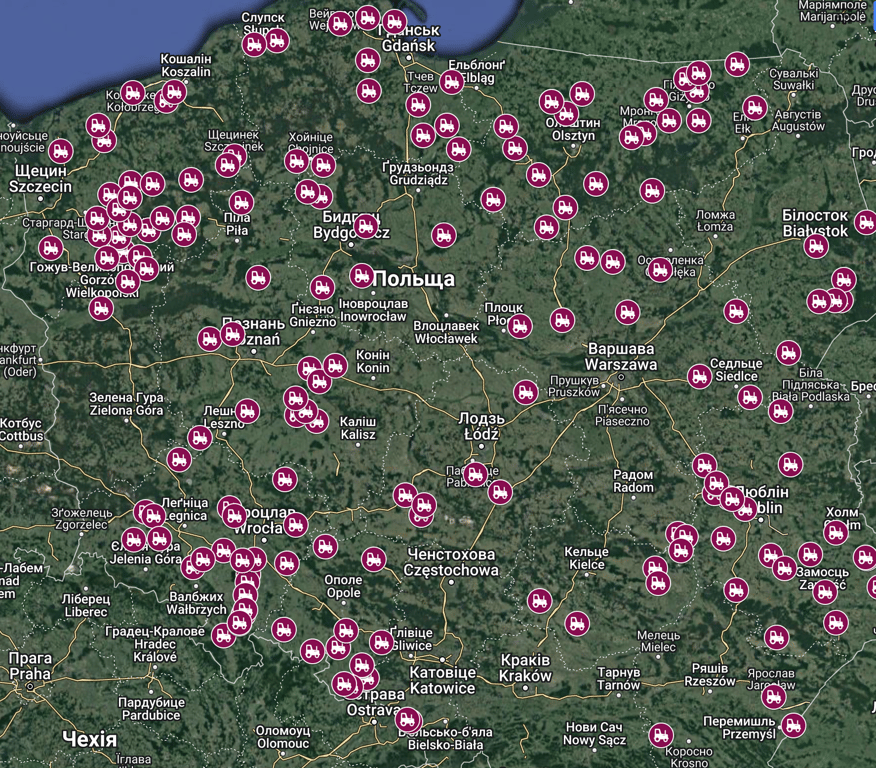 Карта протестов польских фермеров