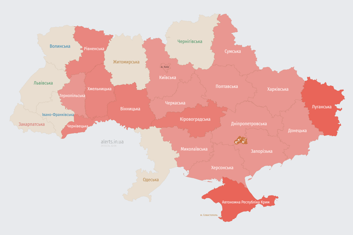 Мапа повітряних тривог в Україні сьогодні, 29 березня