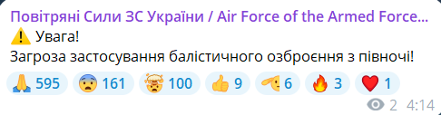 Скриншот повідомлення з телеграм-каналу "Повітряні сили ЗС України"