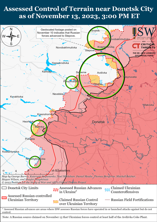 Карта боевых действий на Авдеевском и Марьинском направлениях от ISW