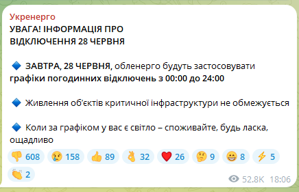 Информация об отключении света в Украине 28 июня. Фото: скриншот