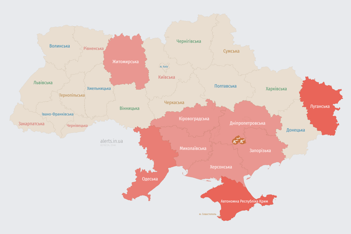 Карта воздушной тревоги в Украине 2 февраля