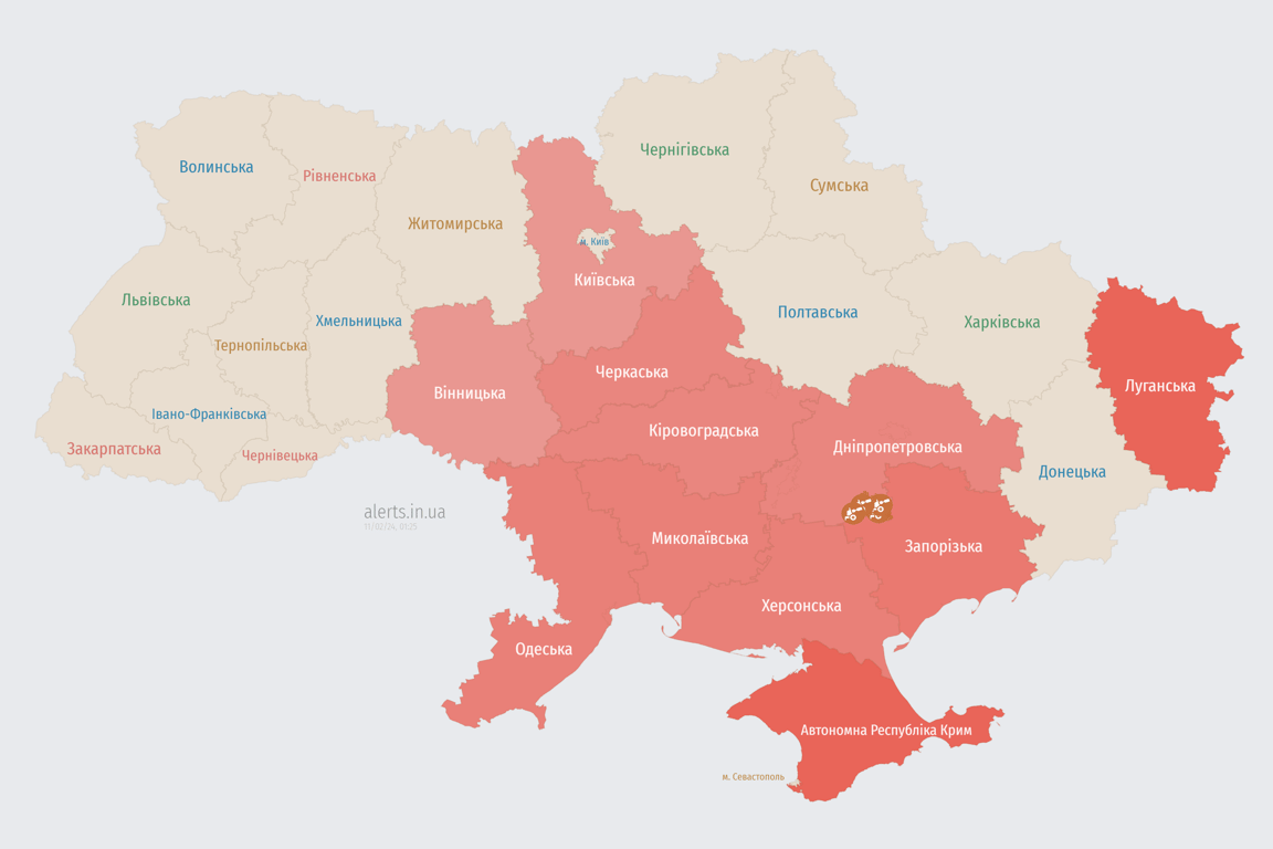 Мапа повітряної тривоги в Україні 11 лютого