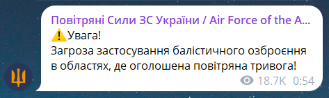 Скриншот сообщения из телеграмм-канала "Воздушные силы ВС Украины"