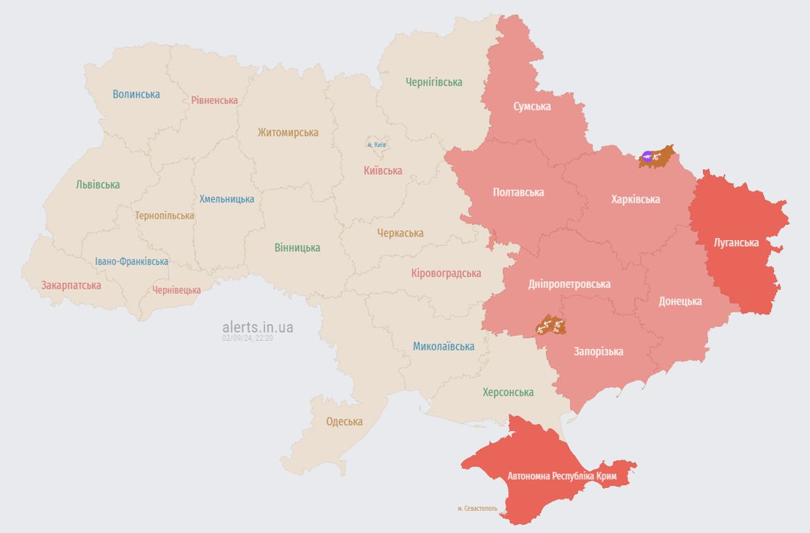 Карта повітряних тривог. Фото: alerts.in.ua