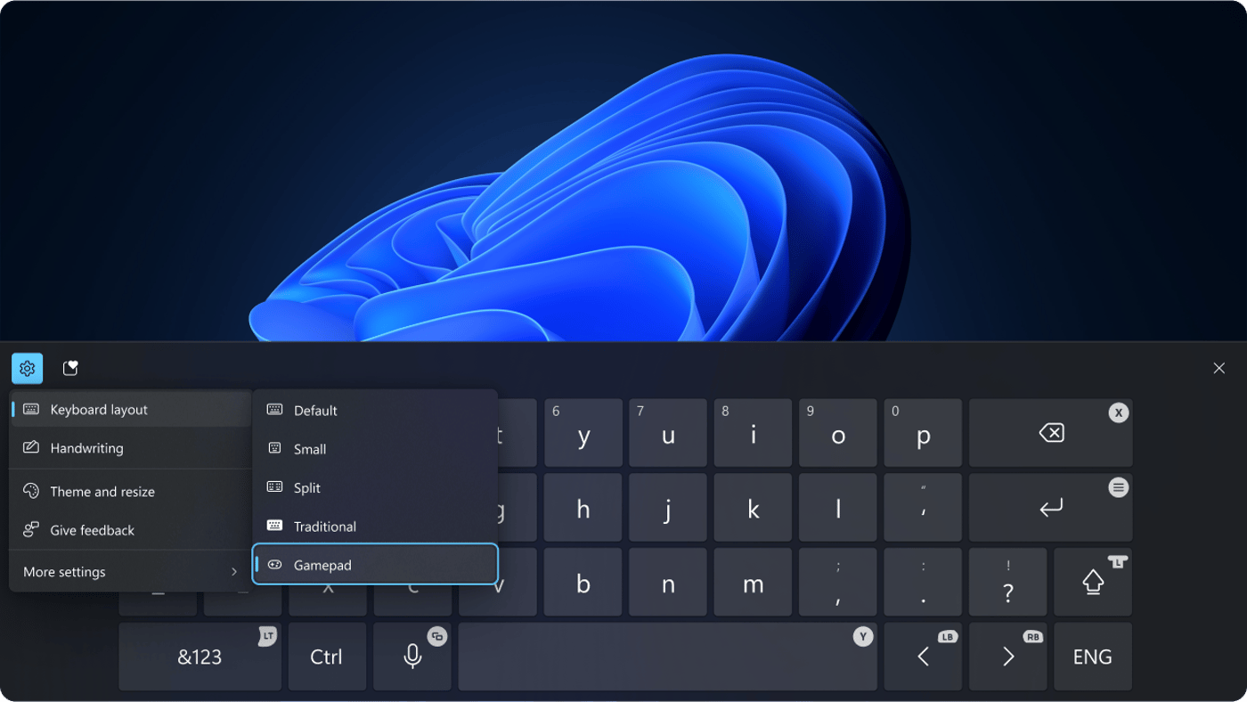 Управление сенсорной клавиатурой геймпадом Windows 11