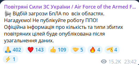 Скриншот повідомлення з телеграм-каналу "Повітряні Сили ЗС України"