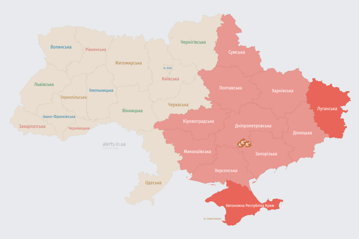 Карта воздушной тревоги в Украине 27 февраля
