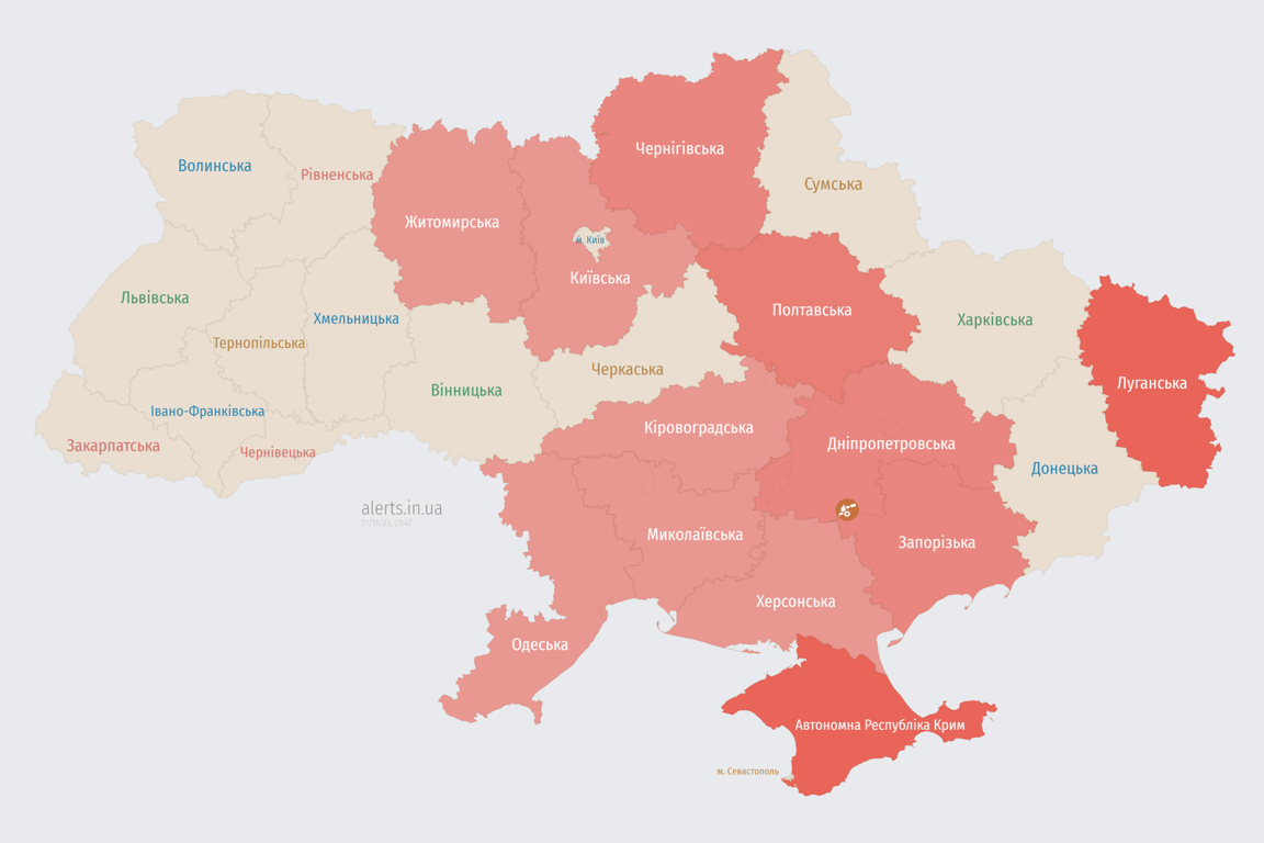 Мапа повітряних тривог в Україні сьогодні, 21 листопада