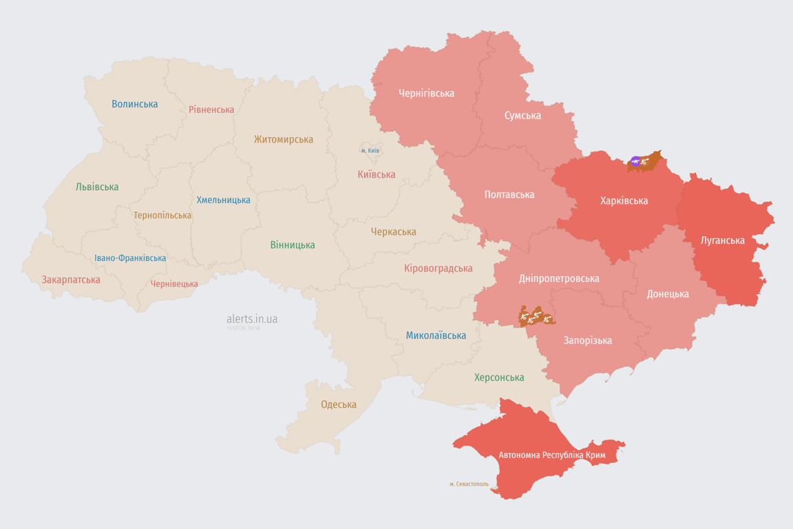 Мапа повітряної тривоги зараз 11 липня