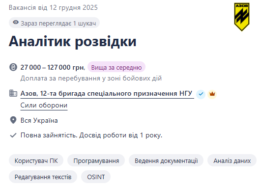 "Азову" потрібні аналітики розвідки — з'явилась вакансія