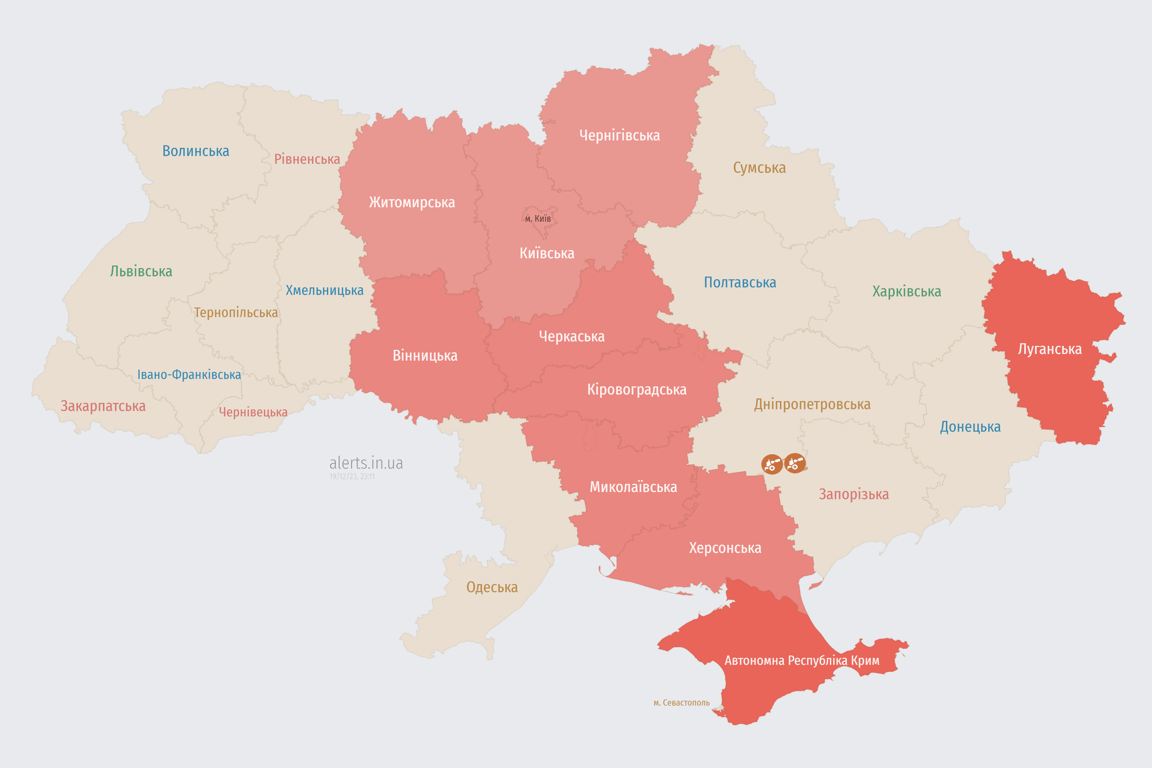 Мапа повітряних тривог в Україні сьогодні, 19 грудня