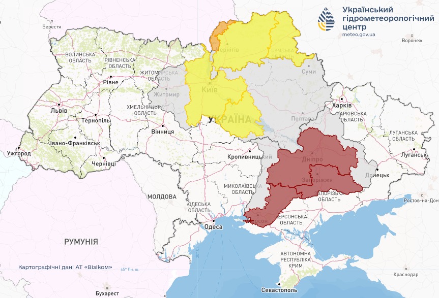 Карта опасных метеорологических явлений в Украине