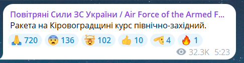 Скриншот повідомлення з телеграм-каналу "Повітряні сили ЗС України"