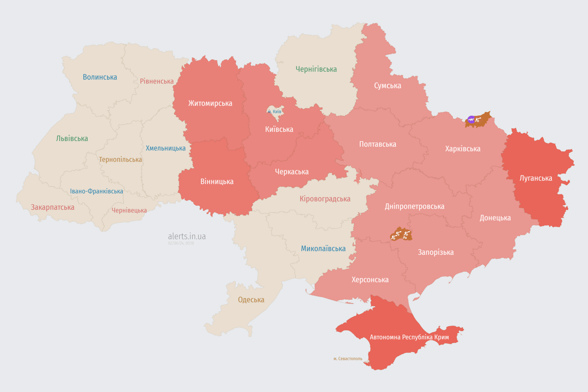 Мапа повітряної тривоги в Україні вранці 2 червня