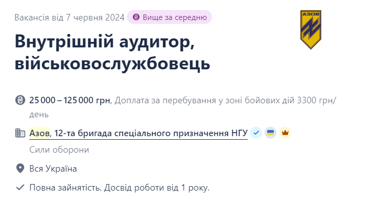 Вакансія військовослужбовець-аудитор у бригаді "Азов" 