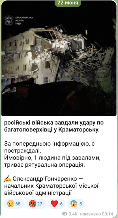 Удар по багатоповерхівці у Краматорську в ніч проти 22 червня 2025 року