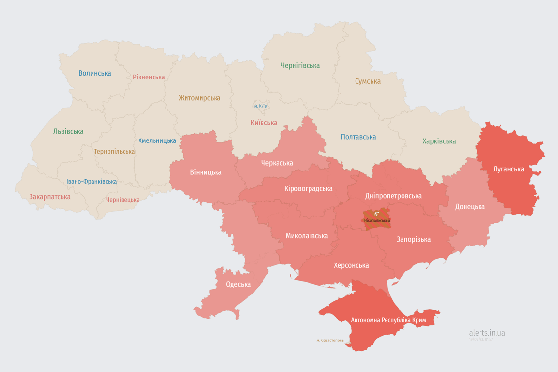 Мапа повітярних тривог в Україні сьогодні, 19 вересня