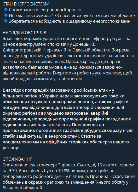 Стан енергосистеми 16 лютого