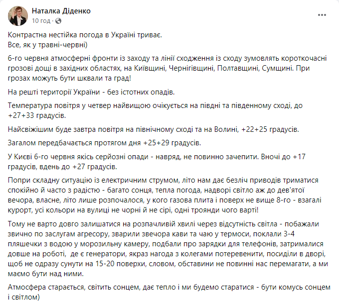 Прогноз погоды от Наталки Диденко 6 июня