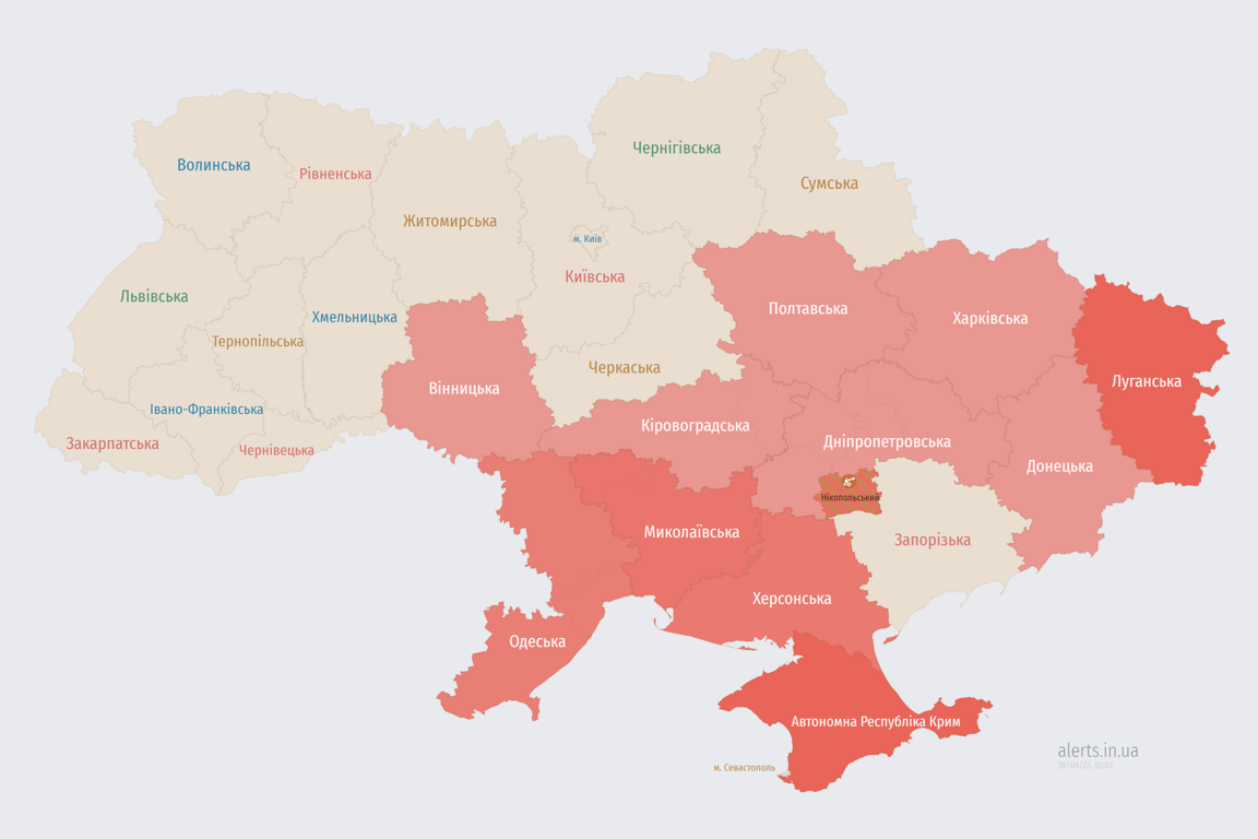 Мапа повітряних тривог в Україні сьогодні, 28 вересня