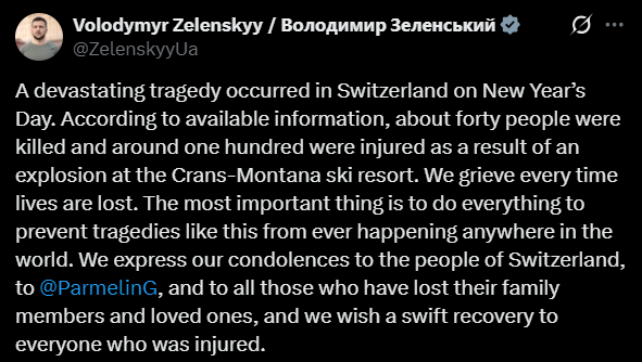 Зеленський висловив співчуття через трагедію на курорті Швейцарії - фото 1