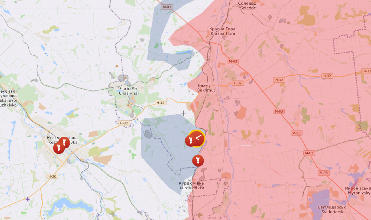 Карта боевых действий на Бахмутском направлении от Liveuamap