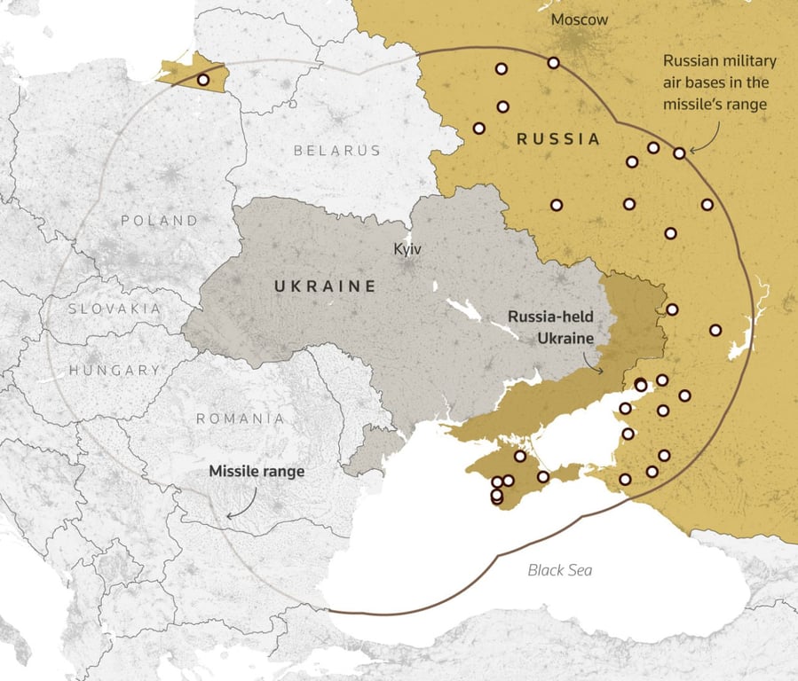 Теоретична зона ураження ракет JASSM. Фото: Reuters