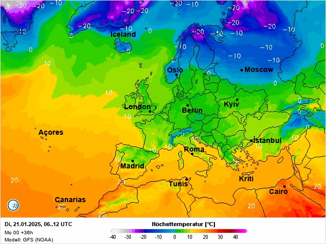 Карта температур на 21 січня 2025 року