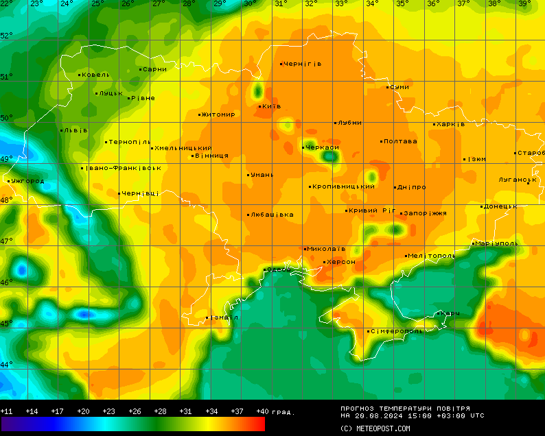 Температурна карта на 20 липня. Фото: