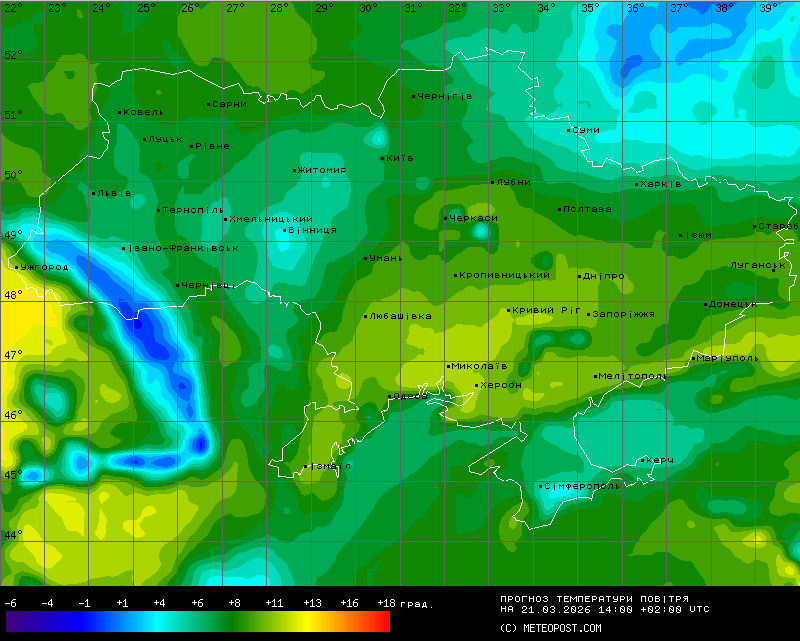 Карта з прогнозом температури повітря в Україні на 14:00 у суботу, 21 березня, 2026 року