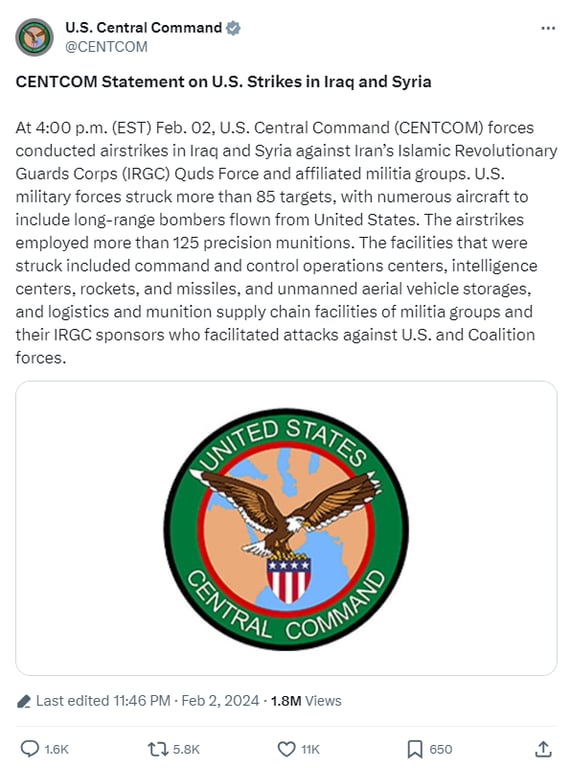 Скриншот повідомлення зі сторінки в Х Центрального командування США