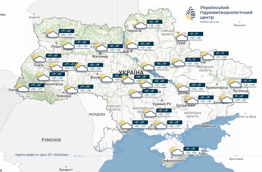 Мапа з прогнозом погоди в Україні на сьогодні 25 квітня 2026 року