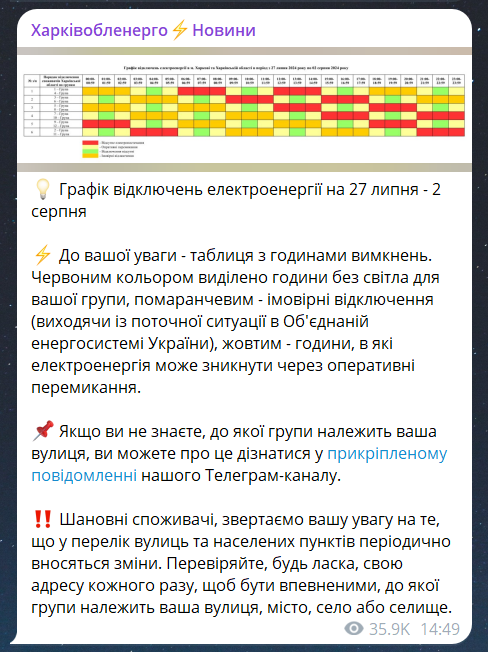 Ограничение электроэнергии в Харьковской области на 28 июля