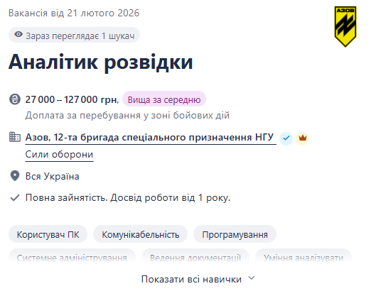 "Азову" потрібні аналітики розвідки — з'явилась вакансія