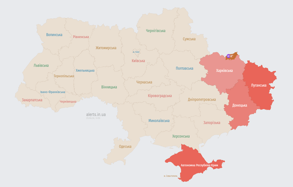 Карта повітряних тривог. Фото: alerts.in.ua